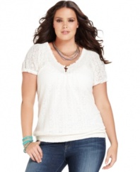 Lace up your casual look with Lucky Brand Jeans' short sleeve plus size top, punctuated by a smocked hem.
