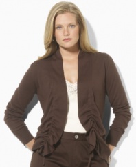 This plus size Lauren by Ralph Lauren open-front cardigan is crafted with a chic drawstring placket and can be worn long or cropped with the strings tied.