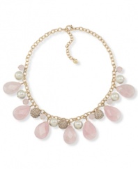Carolee creates a warm appearance with this stunning necklace. Glass pearls, rose quartz beads and crystal-accented fireballs alternate on a chain crafted in gold tone mixed metal. Approximate length: 16 inches + 2-inch extender.