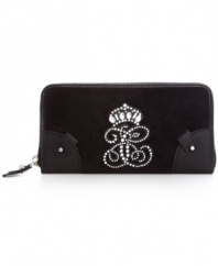 Add posh yet practical style to your everyday accessorizing with this fab wallet from Juicy Couture. Plush velour and signature rhinestone design adorn the outside, while the well-organized interior is aligned with plenty of card slots and compartments to discretely stow all your essentials.