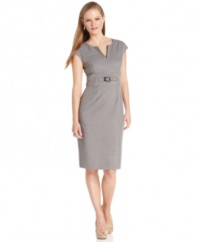 Kasper updates a petite sheath silhouette with a chic split-neck design and seamed waist with a buckled detail.