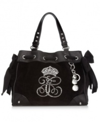 If you dream in couture, this iconic design from Juicy Couture will make every day sweeter. Charming grosgrain bows, shiny silver-tone hardware and rhinestone logo and crown adorn the silhouette, while pockets inside and out organize your essentials.