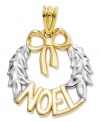 Channel the spirit of Christmas with a pretty Noel wreath charm. Crafted in 14k gold and sterling silver with a diamond-cut design. Chain not included. Approximate length: 4/5 inch. Approximate width: 3/5 inch.
