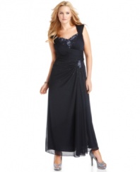 Sparkling beading at the neckline and hip makes this plus size evening gown by Xscape a gorgeous option for your next event. The ruched detail ensures a flattering fit, too!