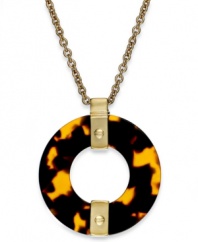 Fashion from the Summer of Love. Lauren Ralph Lauren's pendant necklace features chic tortoise resin in a circular design with links crafted in 14k gold-plated mixed metal. Approximate length: 18 inches + 2-inch extender. Approximate drop: 2 inches.