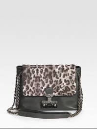 Luxurious calf hair with an abstract animal print accents this supple leather design.Convertible chain and leather shoulder strap, 12½-23 dropPush-lock flap closureTwo inner compartmentsOne inside zip pocketCotton lining10W X 7½H X 3½DMade in Italy