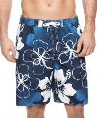 It's time to hit the water...and look good doing it with these stylish graphic print swim trunks from Newport Blue.