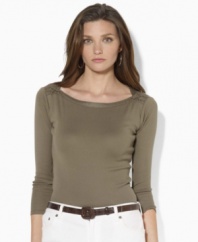 Look relaxed and polished in this three-quarter-sleeve boatneck from Lauren by Ralph Lauren, fashioned in sleek ribbed cotton with laced detailing at the shoulders.
