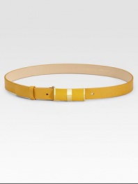 A shiny goldtone buckle accents this bright, beautiful, supple calfskin leather belt.About 1 wideImported