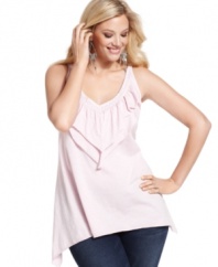 A ruffled front lends a romantic feel to DKNY Jeans' plus size tank top, punctuated by a handkerchief hem.