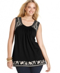 Embroidery lends elegant sophistication to Charter Club's sleeveless plus size top-- team it with your favorite neutral bottoms for a classically chic look.