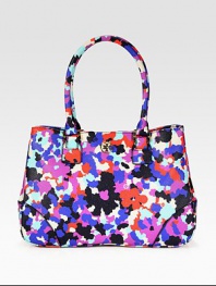 A rich opulent print on this structured top-handle bag of coated canvas imparts thoughts of spring. Double top handles, 7½ dropMagnetic snap closureProtective metal feetTwo inside zip pocketsTwo inside open pocketsCotton lining13½W X 9½H X 4DImported