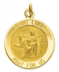 Divine inspiration. Keep your faith close with this charming Saint Luke Medal, featuring the script: Saint Luke Pray For Us in 14k gold. Approximate length: 9/10 inch. Approximate width: 6/10 inch.