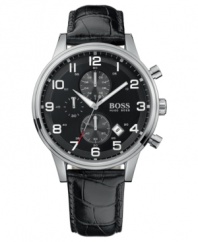 Be on the dot in both style and functionality with this great modern watch from Hugo Boss. Black croc-embossed leather strap. Silvertone stainless steel round case and round black dial with three subdials, date window, logo and numeral indices. Quartz movement. Water resistant to 30 meters. Two-year limited warranty.