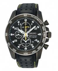 Dusky timepiece by Seiko with an added alarm function for those early days. Crafted of black perforated leather strap with yellow stitching and black ion-plated stainless steel round case. Tachymeter scale at the black bezel. Black chronograph dial features white numerals, applied dot indices at markers, minute track, three subdials including alarm function, white cut-out hour and minute hands, yellow second hand and logo. Quartz movement. Water resistant to 100 meters. Three-year limited warranty.
