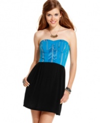 A feisty, bustier-style top is anchored by a classic skirt on this super-cute day dress from Material Girl!
