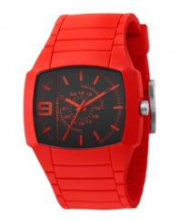 Devilishly fun. Stir up trouble with this candy apple red watch by Diesel. Red silicone strap and square red silicone-plated stainless steel case, 48x43mm. Black dial features applied red stick indices, minute track, numeral at nine o'clock, military time, three hands and logo. Quartz movement. Water resistant to 50 meters. Two-year limited warranty.
