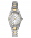 Elevate your style with this feminine and eye-catching timepiece from Caravelle by Bulova. Silvertone mixed metal bracelet with goldtone accents. Mixed metal case and sparkling crystal bezel. Silvertone dial with logo, crystal markers and goldtone hands. Quartz movement. Water resistant to 30 meters. Three-year limited warranty.
