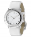 In fresh white, this chic and elegant watch from Marc Jacobs glows with understated style. White leather strap. Silvertone stainless steel round case and round white dial with logo and numeral indices. Quartz movement. Water resistant to 30 meters. Two-year limited warranty.