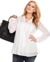 Sheer elegance: MICHAEL Michael Kors' long sleeve plus size top, highlighted by a pintucked front.