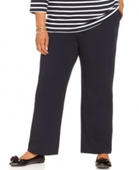 Lounge in the comfort of Karen Scott's plus size pull-on pants, featuring a drawstring waist.