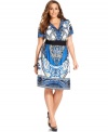 Get statement-making style with NY Collection's short sleeve plus size dress, featuring a scarf print.