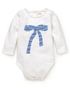 A stripe bow print bodysuit from Pearls & Popcorn makes cozy comfort ultra chic.
