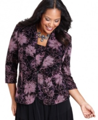 Alex Evenings' plus size coordinating jacket and top put a sparkling finishing touch on your evening ensemble with a glittery floral print.