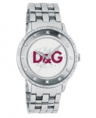 A splash of color works perfectly on a gorgeous crystal-embellished watch by D&G. Stainless steel case and link bracelet. Sparkling crystal-accented bezel and silvertone dial with red crystal-studded logo. Three-hand, quartz movement. Water resistant to 30 meters.