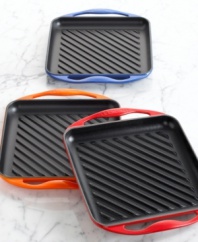 A compact cast iron grill fits conveniently over one burner to draw out rich flavor and instill distinct char lines on shrimp, chicken, beef and more. Grill year round with this ribbed skinny cooking surface, which has an enamel finish that distributes heat evenly and quickly.  Lifetime warranty.