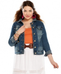 Add a cool layer to your causal style with Baby Phat's plus size denim jacket-- it's a must-get basic!