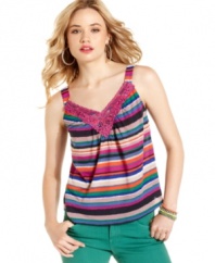 Rock smart color theory in this striped top from Fire! Crochet applique at the neckline adds to the top's pretty design.