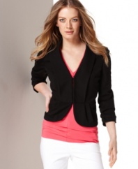 INC's petite jacket has a flattering cropped fit and ruched three-quarter sleeves--a totally feminine, figure-highlighting spin on the traditional blazer.