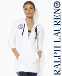 Crafted in a versatile tunic silhouette from ultra-soft fleece, this full-zip hoodie from Ralph Lauren with bold embroidered designs celebrates Team USA's participation in the 2012 Olympic Games.