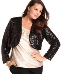 Add a show-stopping touch to your evening ensemble with this plus size jacket from R&M Richards, featuring a chic cropped fit and a fully sequined silhouette.