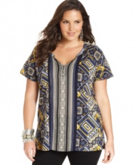 Liven up your casual bottoms with Lucky Brand Jeans' short sleeve plus size top, broadcasting a bold print!