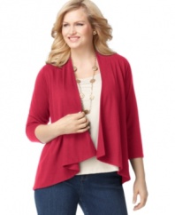 Layer on the style this season with Charter Club's three-quarter sleeve plus size cardigan, featuring an open front design.