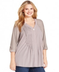 Look pretty in pleats with Style&co.'s three-quarter sleeve plus size top-- complete the outfit with your favorite jeans.