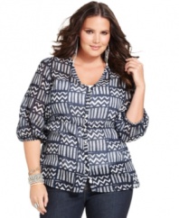A perfect partner for your causal bottoms: Lucky Brand Jeans' three-quarter sleeve plus size top, featuring a vivid print.