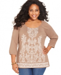 An embellished front beautifies Karen Scott's three-quarter-sleeve plus size top-- pair it with your favorite jeans.