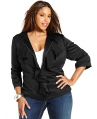 A mixture of feminine charm and edgy style define INC's plus size topper. The soft ruffles contrast beautifully with the structured cut and exposed zipper closure.
