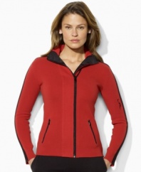 Both stylish and sporty, Lauren by Ralph Lauren's sleek full-zip cardigan is crafted from luxe combed cotton with bold color-blocking for an athletic touch.