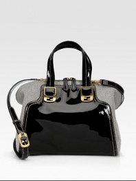 Shiny patent leather combines with ultra-luxe canvas in this tailored silhouette. Patent leather top handles, 5 dropAdjustable detachable patent leather shoulder strap, 18-24½ dropTop zip closureProtective metal feetTwo inside open pocketsFully lined12W X 10H X 6DMade in Italy