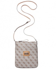 Every fashionista needs a little scandal and this petite crossbody by GUESS is just the right one. Signature 4Gs and enamel-inlaid plaque grace the design, while discretely placed pockets stow ID, keys and phone, or any little mementos you find along the way.