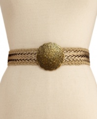 An intricately designed disk finishes off this woven straw and faux-leather belt from Steve Madden. (Clearance)