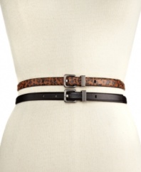 Set yourself up in style with these sleek, slim belts from Style&co. They add just the right accent to any outfit. Presented in luxe leopard and bold black, each belt is detailed with a D-ring buckle and complementary keeper.