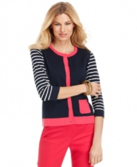 Jones New York Signature's new petite cardigan blends the nautical and the feminine with sea-worthy striped sleeves and lively pink trim at the collar, front placket and hem-the pink patch pocket is the finishing touch!