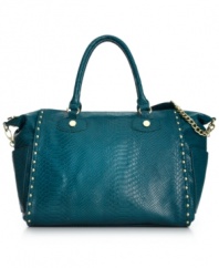 Rock this style with any outfit from t-shirt and jeans to power suit and pumps. This Steve Madden satchel ups the ante with python-embossed faux leather, glam golden studs and chain-link detail. Roomy interior features plenty of pockets and compartments to hold more than just the essentials.