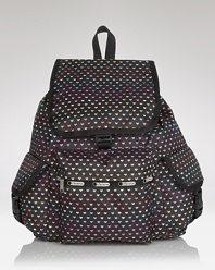 LeSportsac's signature nylon backpack is updated in a cute heart pattern. This cooly functional bag features exterior pockets and adjustable shoulder straps for effortless on-the-go style.