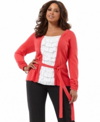 Get the look of layers all in one style with INC's long sleeve plus size top, including a belted cardigan and eyelet inset. (Clearance)